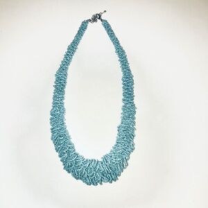 Blue Seed Bead Statement Necklace 20” Chunky Tapered Boho Silver Coastal Grandma